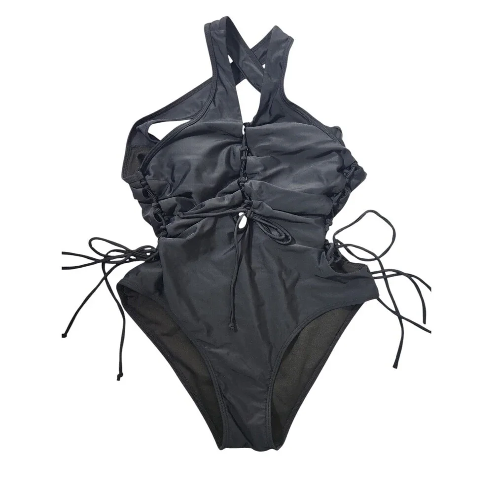 Womens Swimsuit 1 Pc. Medium Black Lace Up Sides And Front Padded  Beachwear